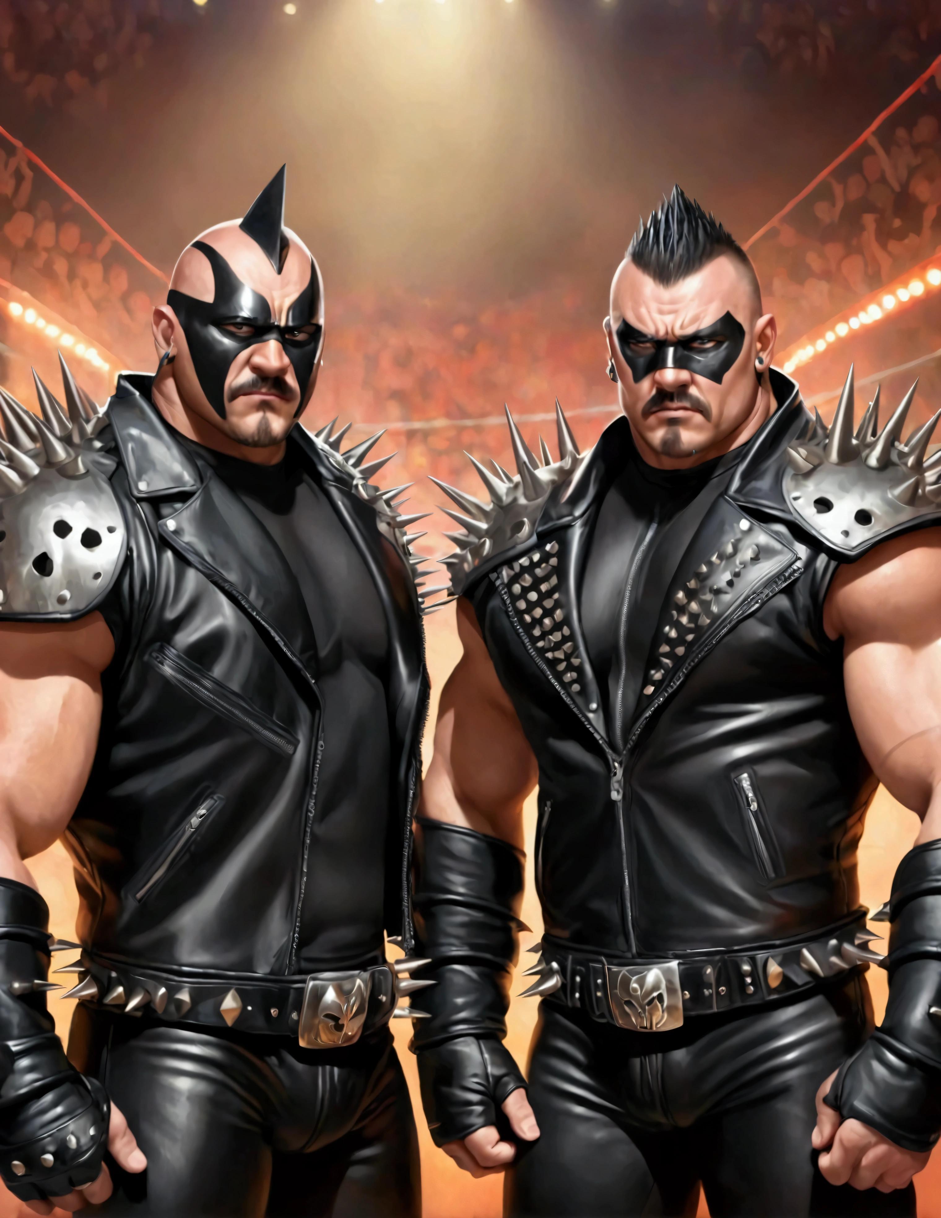 Road Warriors, professional wrestlers wearing black leather jackets with spikes on the shoulders