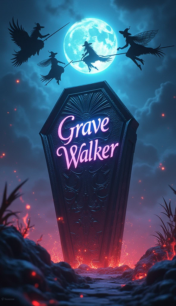 There is a title "Grave Walker" written on the coffin. There is night background, witches flying in the sky on their flying brooms. Magic and fire is spreading at the background of the magical coffin. Title "Grave Walker" is written with some magic colours. A 3D, aesthetic, fantasy poster.