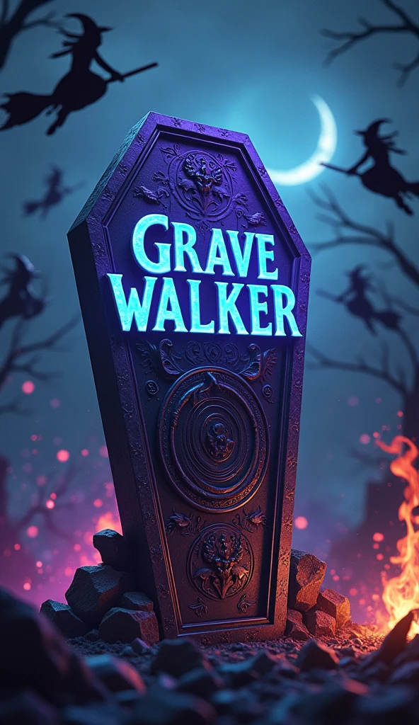 There is a title "Grave Walker" written on the coffin. There is night background, witches flying in the sky on their flying brooms. Magic and fire is spreading at the background of the magical coffin. Title "Grave Walker" is written with some magic colours. A 3D, aesthetic, fantasy poster.