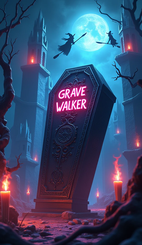 There is a title "Grave Walker" written on the coffin. There is night background, witches flying in the sky on their flying brooms. Magic and fire is spreading at the background of the magical coffin. Title "Grave Walker" is written with some magic colours. A 3D, aesthetic, fantasy poster.
