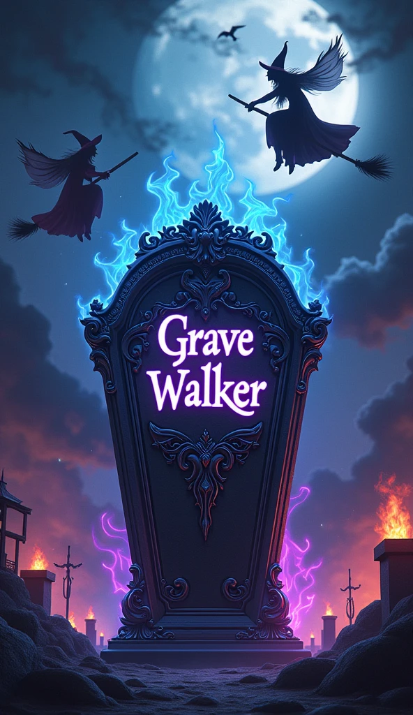 There is a title "Grave Walker" written on the coffin. There is night background, witches flying in the sky on their flying brooms. Magic and fire is spreading at the background of the magical coffin. Title "Grave Walker" is written with some magic colours. A 3D, aesthetic, fantasy poster.