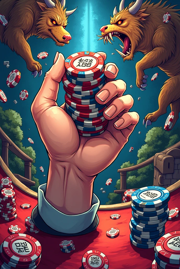 There is a poster depicting a hand holding a stack of poker chips., Poster Art:Unichi Hiratsuka, Pixiv, What it is?, 幸運をつかむSpectacularアニメ, Beasts, dice tsutsumi, Manga cover style, Doujinshi, Casciato, Spectacular!, Ganga Otaku, Anime Cover, Teaser, future!!
