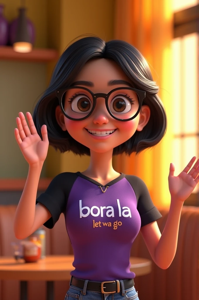 3D animated woman with short black Pixar-style hair wearing glasses, a purple and black shirt with a phrase in Portuguese saying 'bora la' written on it, smiling and saying goodbye