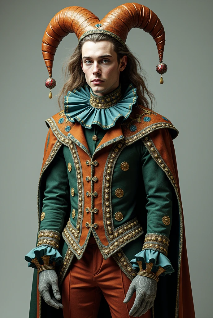 A handsome jester with a long silky hair with a complex costume (full body from head to toe) 