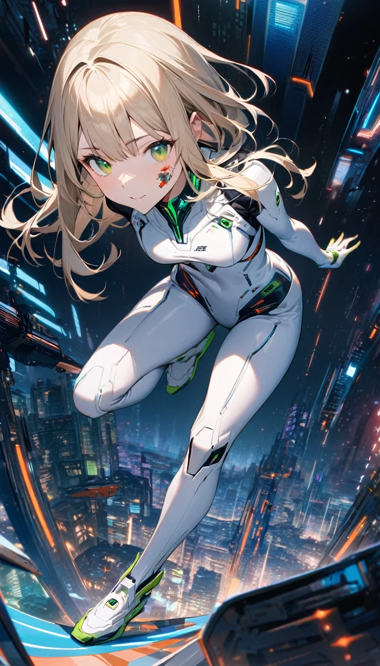 1girl,solo,Sala,original,straight blond hair,(long hair:0.3,medium hair:1),green eyes, white body suit,neck,fullbody,Futuristic city Background,relief face,night time,Science fiction,ultra-detailed,sharp focus,(best quality)