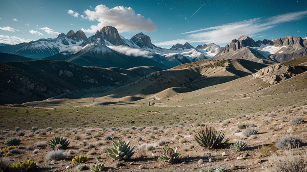 barren land dotted with succulents against a backdrop of mountains and a sky full of stars