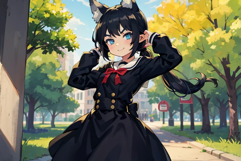 Young girl with black hair, long twintail, twintail hairstyle, (blue eyes), ((small bushy eyebrows)), (wolf ears up), wearing gothic lolita, lolicon clothes, going to school, dull eyes, dull face, going to school, flirtatious smile, small and perky breasts, in a park, wide hips,