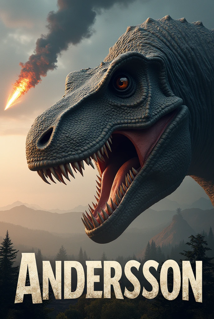 Generate the head of a roaring dinosaur and below that there is a text with the name Andersson Let the dinosaur be ultra realistic and the text large , Also that a meteorite is falling