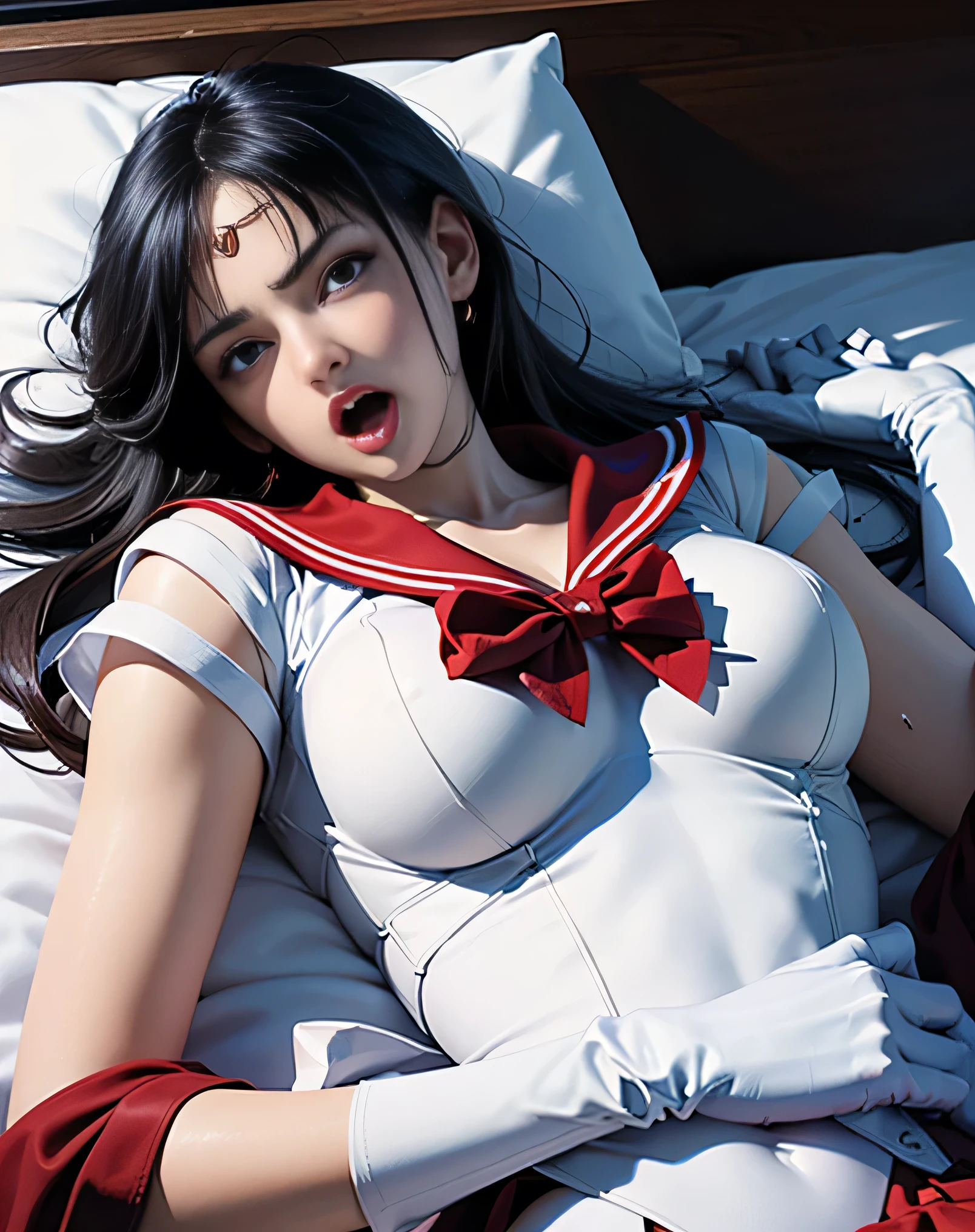 (photorealistic:1.6),(High resolution:1.6),(solo, one woman:1.5),(Thin woman:1.2),(big eyes),(large eyes),chuuChloe,(Personality is lewd),(Slender Body),(amazing orgasm:1.3),(Ecstasy),(masochistic),(being sexually tortured),(Fainted face:1.5),(absentminded:1.5),(lie on back in bed:1.5),(be exhausted:1.3),(Expressions of pain),(Reached sexual climax:1.5),(ahegao:1.5),sama1, tiara, sailor senshi uniform, white gloves, red sailor collar, red skirt