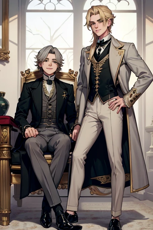 male, blonde long hair, gold eyes, (((1boy))), (((grey Victorian coat))), (white dress shirt), (green pants), (black dress shoes), (red tie), handsome, long legs, smiling