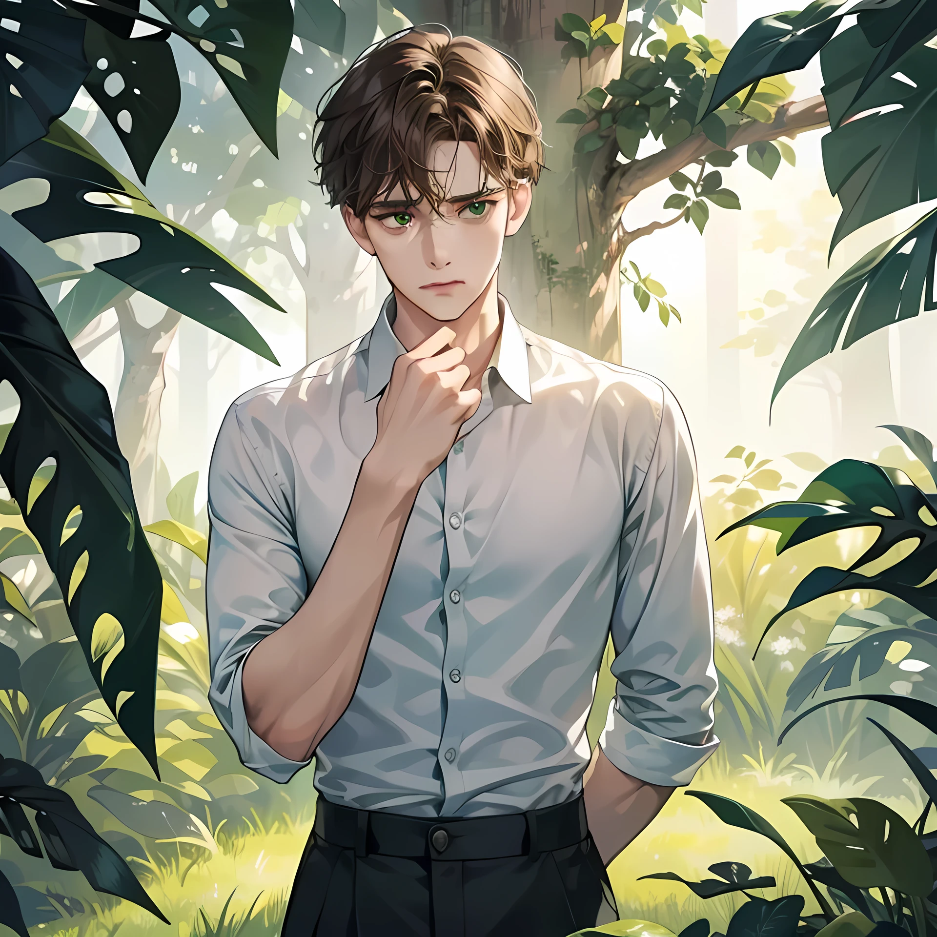 standing, till waist, Masterpiece, high quality, best quality, HD, realistic, perfect lighting, perfect body, (((1 man))), green eyes, medium hair, dark brown Hair, glowing, white shirt, pants, plain set background, {perfect face, perfect body proportions}, [[[((looking at the viewer))]]], ((perfect green eyes)), sad, extremely sad, upset [[very sad]], ((facing the viewer)), [[[1 man]]], (((almost crying))), 