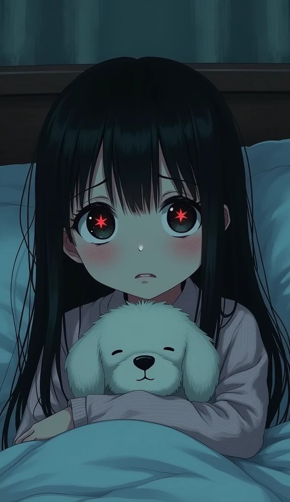 (8k, RAW photo, best quality, masterpiece, highres, absurdres, ultra detailed:1.3), (Photography, realistic, photo-realistic:1.4), (beautiful natural lighting, beautiful deatailed shadow, beautiful detailed glow :1.4), atmospheric,
BREAK Sadako,wet Black Hair,((yamamura sadako)),1 beautiful girl,(kawaii:1.5),(Chibi:0.5),(cute:2),(:2),(5year old girl),(flat breasts:1.65),(A detailed eye,Tsuriformes:1.2),(black hair,Long ha,Deco:1.8),star eye silhouette,(long eyelashes, Double eyelids:1.2),cleavage,(beautiful skin,shy skin:1.2),Shy,Erect,(ghostly atmosphere,sad face, resentful face:1.25) BREAK
(pajamas, night, bedroom,: 1.35),
BREAK (holding a cute sleeping dog:1.45),
BREAK wakame,wakame,wakame,(cowboy shot,from front:1.4) BREAK manga illustration.media,manga style,(ultra rich intricately proper sketch+pastel+airbrush+colored pencil:1.1),(ultra highres composition details:1.2), (delicate illustration), (pastelcolor style illustration:0.9), (watercolor style illustration:0.4),