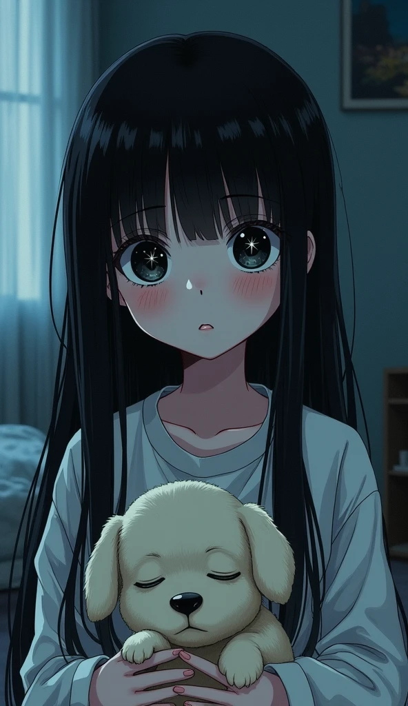 (8k, RAW photo, best quality, masterpiece, highres, absurdres, ultra detailed:1.3), (Photography, realistic, photo-realistic:1.4), (beautiful natural lighting, beautiful deatailed shadow, beautiful detailed glow :1.4), atmospheric, 

BREAK Sadako,wet Black Hair,((yamamura sadako)),1 beautiful girl,(kawaii:1.5),(Chibi:0.5),(cute:2),(Loli:2),(5year old girl),(flat breasts:1.65),(A detailed eye,Tsuriformes:1.2),(black hair,Long ha,Deco:1.8),star eye silhouette,(long eyelashes, Double eyelids:1.2),cleavage,(beautiful skin,shy skin:1.2),Shy,Erect,(ghostly atmosphere,sad face, resentful face:1.25)     BREAK

(pajamas, night, bedroom,: 1.35),
BREAK  (holding a cute sleeping dog:1.45),

 BREAK wakame,wakame,wakame,(cowboy shot,from front:1.4) BREAK manga illustration.media,manga style,(ultra rich intricately proper sketch+pastel+airbrush+colored pencil:1.1),(ultra highres composition details:1.2), (delicate illustration), (pastelcolor style illustration:0.9), (watercolor style illustration:0.4), 