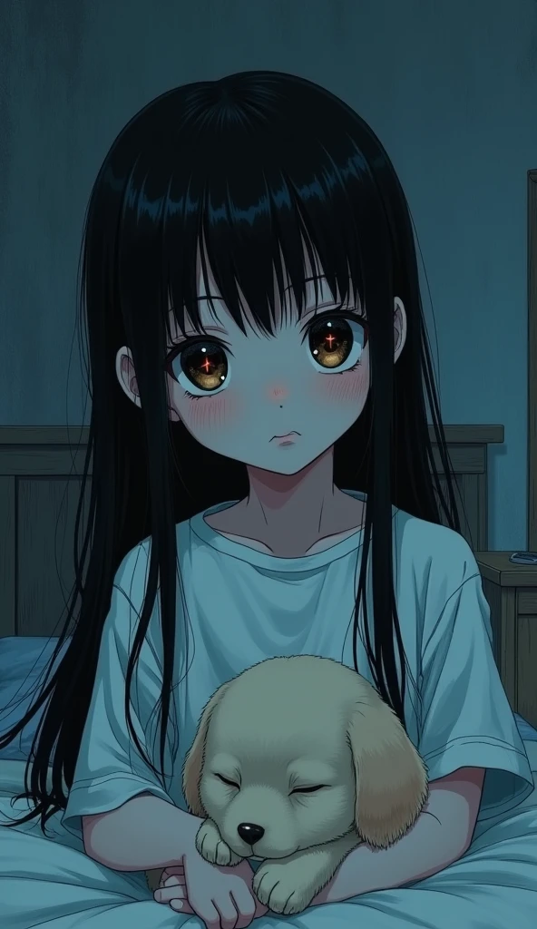 (8k, RAW photo, best quality, masterpiece, highres, absurdres, ultra detailed:1.3), (Photography, realistic, photo-realistic:1.4), (beautiful natural lighting, beautiful deatailed shadow, beautiful detailed glow :1.4), atmospheric,
BREAK Sadako,wet Black Hair,((yamamura sadako)),1 beautiful girl,(kawaii:1.5),(Chibi:0.5),(cute:2),(Loli:2),(5year old girl),(flat breasts:1.65),(A detailed eye,Tsuriformes:1.2),(black hair,Long ha,Deco:1.8),star eye silhouette,(long eyelashes, Double eyelids:1.2),cleavage,(beautiful skin,shy skin:1.2),Shy,Erect,(ghostly atmosphere,sad face, resentful face:1.25) BREAK
(pajamas, night, bedroom,: 1.35),
BREAK (holding a cute sleeping dog:1.45),
BREAK wakame,wakame,wakame,(cowboy shot,from front:1.4) BREAK manga illustration.media,manga style,(ultra rich intricately proper sketch+pastel+airbrush+colored pencil:1.1),(ultra highres composition details:1.2), (delicate illustration), (pastelcolor style illustration:0.9), (watercolor style illustration:0.4),