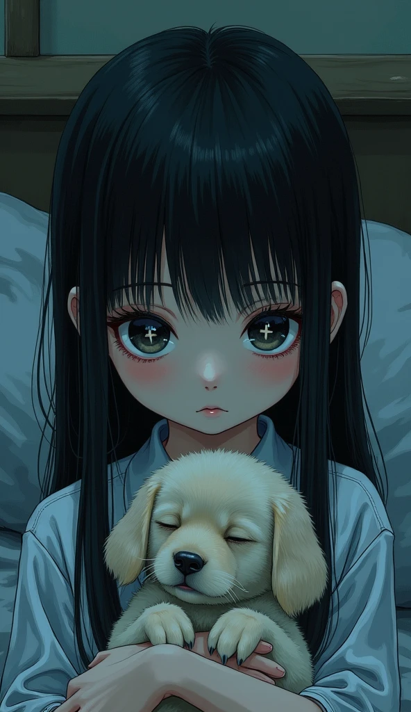 (8k, RAW photo, best quality, masterpiece, highres, absurdres, ultra detailed:1.3), (Photography, realistic, photo-realistic:1.4), (beautiful natural lighting, beautiful deatailed shadow, beautiful detailed glow :1.4), atmospheric, 

BREAK Sadako,wet Black Hair,((yamamura sadako)),1 beautiful girl,(kawaii:1.5),(Chibi:0.5),(cute:2),(Loli:2),(5ar old girl),(flat breasts:1.65),(A detailed eye,Tsuriformes:1.2),(black hair,Long ha,Deco:1.8),star eye silhouette,(long eyelashes, Double eyelids:1.2),cleavage,(beautiful skin,shy skin:1.2),Shy,Erect,(ghostly atmosphere,sad face, resentful face:1.25)     BREAK

(pajamas, night, bedroom,: 1.35),
BREAK  (holding a cute sleeping dog:1.45),

 BREAK wakame,wakame,wakame,(cowboy shot,from front:1.4) BREAK manga illustration.media,manga style,(ultra rich intricately proper sketch+pastel+airbrush+colored pencil:1.1),(ultra highres composition details:1.2), (delicate illustration), (pastelcolor style illustration:0.9), (watercolor style illustration:0.4), 