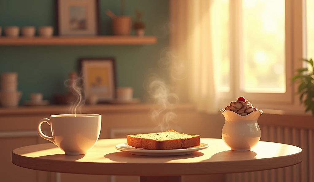 background、Calm café、Retro、Lo-fi atmosphere、indirect lighting、unmanned、coffee、toast、perfection、Pudding
