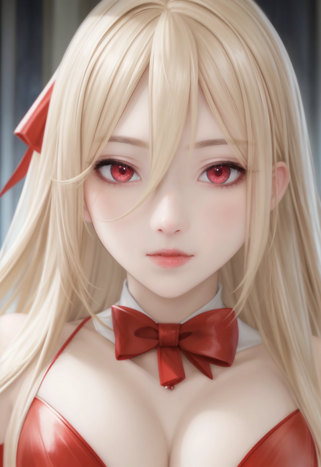 Long blonde,Red ribbon,master piece,best quality,ultra detailed),Beautiful girl , Beautiful face, Beautiful hair, detailed perfect pupil of eyes ,detailed mouth, Impressive　 Scene, Impressive Composition, Impressive Lighting ,night town