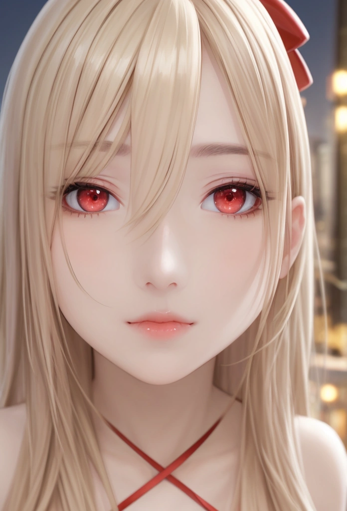Long blonde,Red ribbon,master piece,best quality,ultra detailed),Beautiful girl , Beautiful face, Beautiful hair, detailed perfect pupil of eyes ,detailed mouth, Impressive Scene, Impressive Composition, Impressive Lighting ,night town