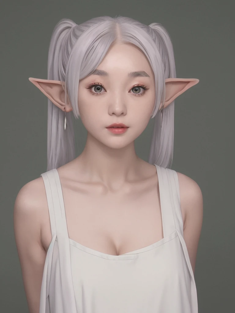 èèè®,1girl,solo,elf,white hair,grey hair,earrisleeveless dress,white dress,sleeveless dress,bare shoulders,collarbone,ngs,pointy ears,long hair,ponytail,green eyes,twintails,parted bangs,thick eyebrows,nsfw,small breasts,cleavage,arms behind back,, 20yo,Young female,Beautiful Finger,Beautiful long legs,Beautiful body,Beautiful Nose,Beautiful character design, perfect eyes, perfect face,expressive eyes,
looking at viewer,
official art,extremely detailed CG unity 8k wallpaper, perfect lighting,Colorful, Bright_Front_face_Lighting,shiny skin, 
(masterpiece:1.0),(best_quality:1.0), ultra high res,4K,ultra-detailed,
photography, 8K, HDR, highres, absurdres:1.2, Kodak portra 400, film grain, blurry background, bokeh:1.2, lens flare, (vibrant_color:1.2), (beautiful_face:1.5),(narrow_waist), ,NSFW,, Exquisite visuals, high-definition,masterpiece,best quality, (((black latex)))