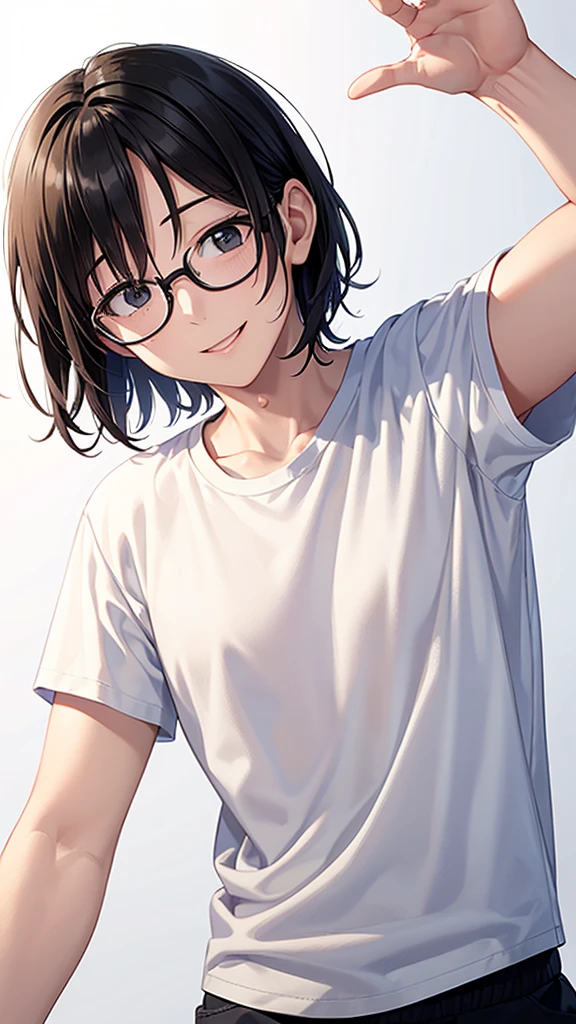 44-year-old male wearing glasses、Short hairstyle, white T-shirt, black hair, smile, Eyes are far away、Drooping、Open your mouth,