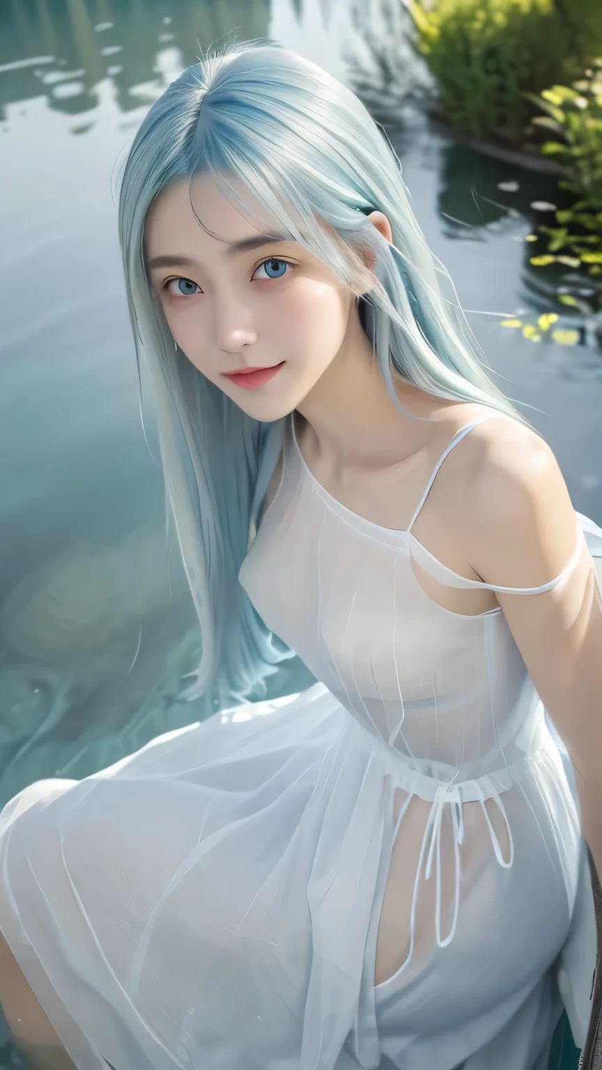 Non-NSFW、Real、(Highest quality), (masterpiece)、Ultra-high resolution、RAW Photos, (upper body)、(In the water), (In the lake:1.5), Fantasy、Looking into the camera、alone、(Undine:1.1), Beautiful Spirit、Super Beauty, (Girl:1.2)、Moisturized Skin、Perfect model body、Beautiful Eyes、Big eyes、Inconspicuous tear bags、slim、No bra、Beautiful fingers、Very long hair、highly saturated photos, clavicle, (immature:1.3), Splash, attractive,skinny, (sad:1.4), no_panties, Small breasts, Nipples, (light blue hair), (Waist-length hair:1.5), Small Ass, lips, (smile), (white sheer long dress:1.5), (from above:1.2)