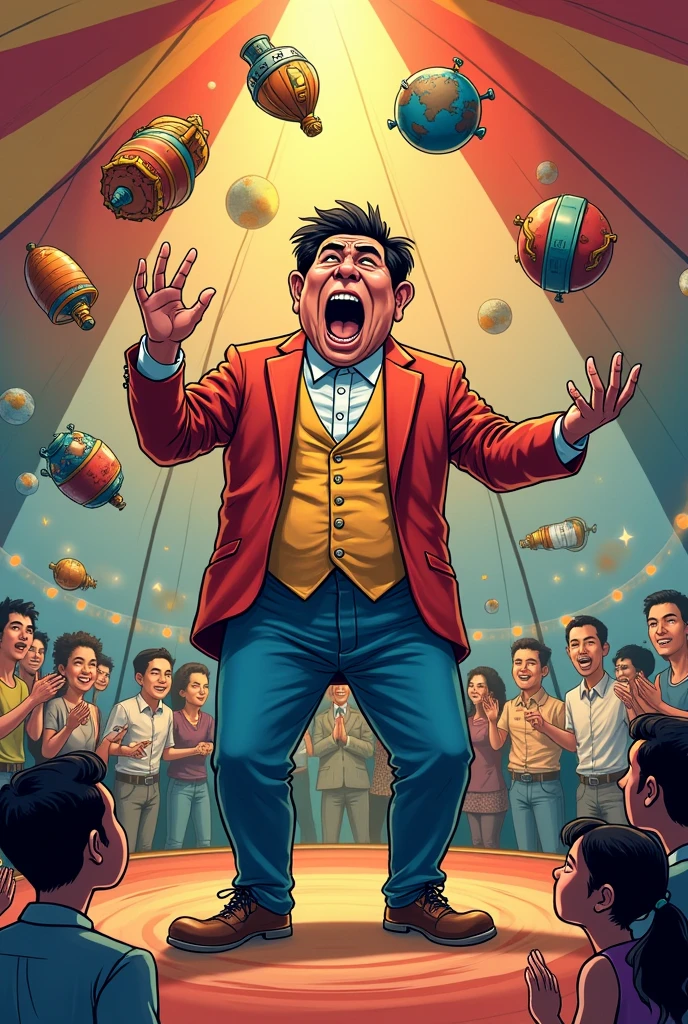 Imagine a cartoon where the Philippine media is depicted as a large, overburdened juggler in a circus tent. The juggler is balancing various objects labeled "Truth," "Freedom," "Sensationalism," "Propaganda," and "Public Interest." Some objects are falling or being dropped, while others are being precariously balanced. The audience, representing the public, looks both entertained and confused.