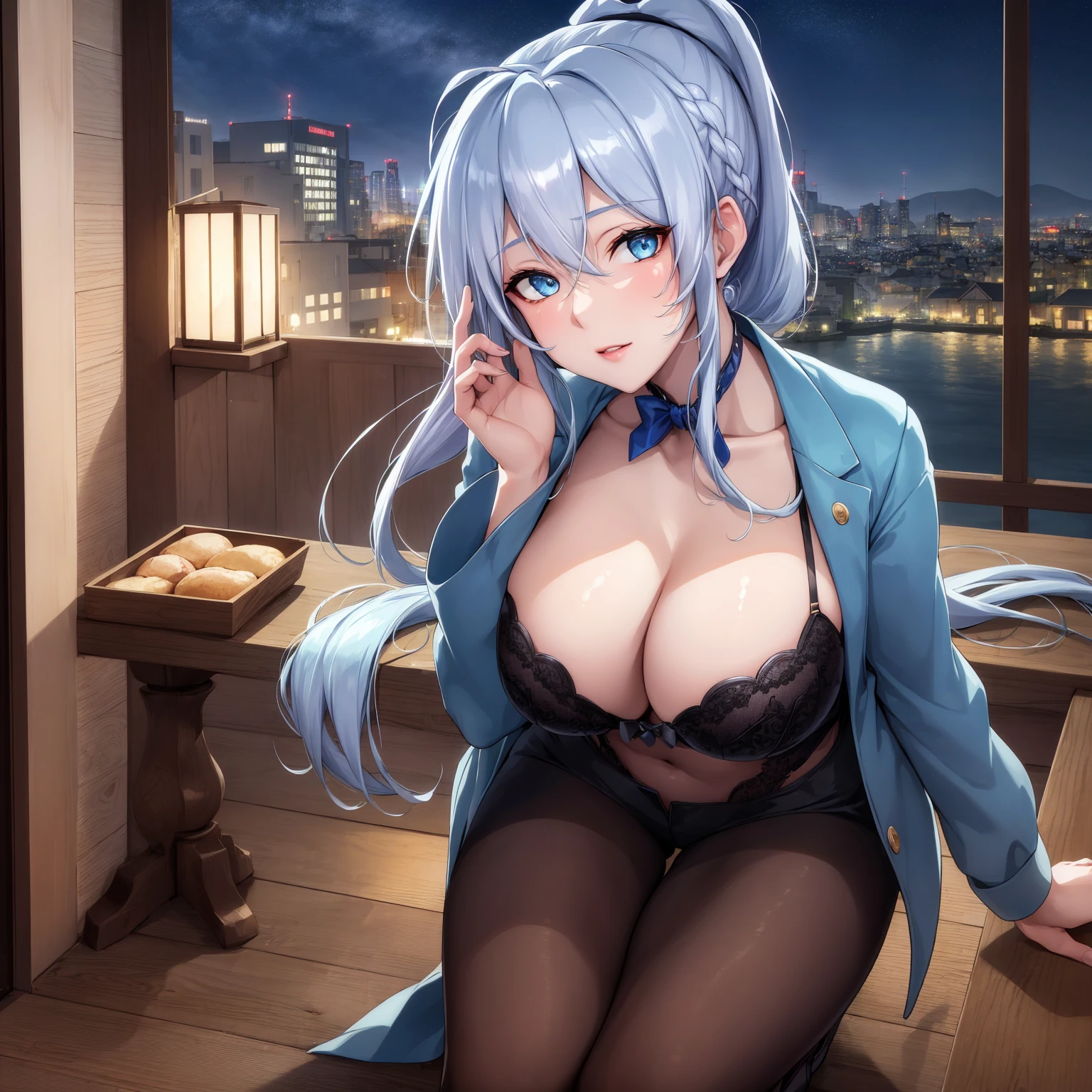 (night:1.7), Japan, cyber punk, City View, In front of the window,Wooden floor,
Stand in an upright and immobile position,
Blue jacket, Grey Shirt, clavicle, Deep valley,
jewelry,gem,bangs, Silver Hair, Blue eyes, Braiding,Long Hair, Low Ponytail, A bow tie,hair ornaments, Hair Clip,
1 person, 20-year-old,young woman,beautiful Finger,beautiful long legs,beautiful body,beautiful Nose,beautiful character design, Perfect Eyes, perfect face,Expressive eyes,
View your viewers, Center the image,(upper_body),(Focus on her face),
Official Art,Very detailed CG Unity 8k wallpaper, Perfect lighting,Farbeful, bright_front_face_Lighting,Glowing Skin,
(masterpiece:1.0),(Highest_quality:1.0), 超High resolution,4K,Very detailed,Large Breasts,
photograph, 8k, High resolution, High resolution, absurdes:1.2, 400 for Kodak Port, Film Grain, Blurred Background, bokeh:1.2, Lens flare, (Vibrant_Farbe:1.2)
(beautiful,chest), (beautiful_face:1.5),(narrow_Waist),upper body,from front,bra lift,