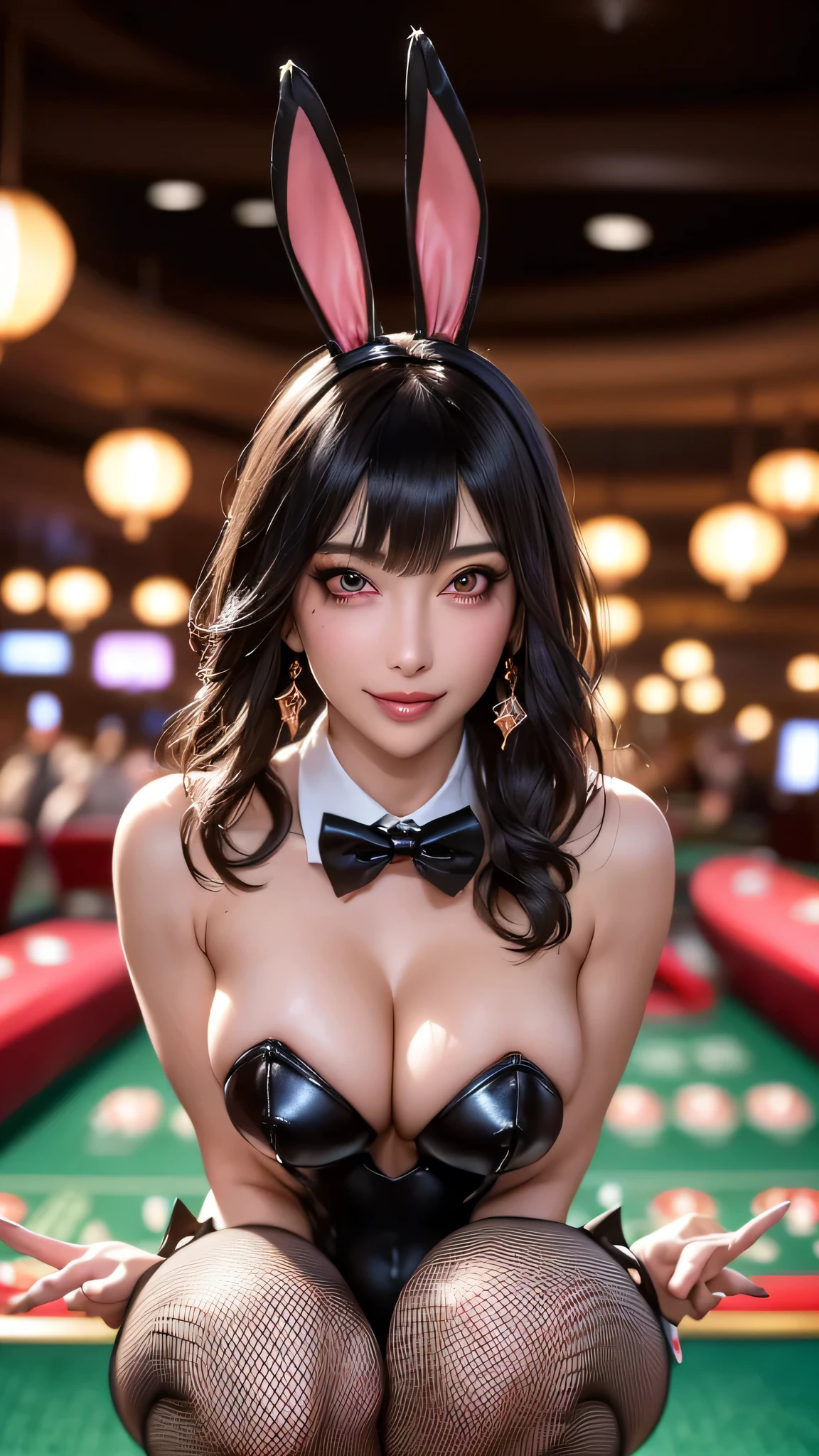 (Highest quality), Realistic, (live-action, Intricate details), ((Japanese woman squatting in a casino, Model body type,Place your arms between your legs)), ((Playboy Bunny, Bunny ears, black Bunny ears, fake Bunny ears, pantyhose, black pantyhose, bow tie, Wrist cuff, Black risqué leotard)), ((:1.4)), (Short black hair:1.3, Short bangs), (neat face, Lips parted), Whiter skin, hard lighting:1.3, Roulette table, Slot Machines, Full Body Shot,Stick your butt out,Ass Focus,Sadistic smile,Fishnet stockings,There is a mole near the mouth,((Puff puff))