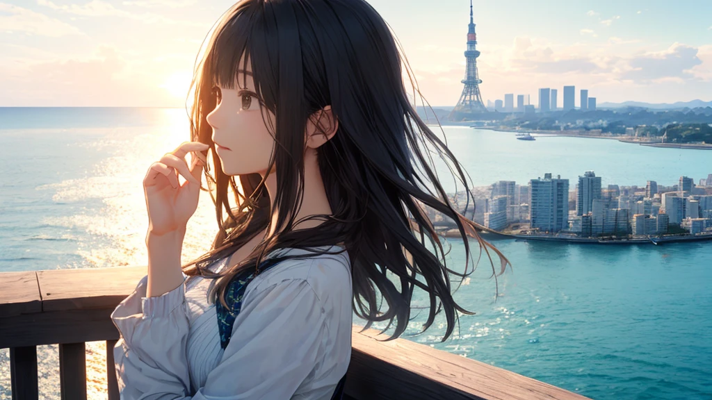 Shiraishi Mei, Looks exactly like Shiraishi Mei、Time is night、Tokyo Tower in the background、Big fireworks、Oceanの方を向いている後ろ姿、Woman looking up at the sky ,Long Hair,  Black Hair,, Photo from the side, Realistic, Highest quality, Detailed face, Strong sunlight, Ocean, Embankment, Detailed Background, Diffused sunlight, Written boundary depth, Bokeh (Highest quality: 1.2), (masterpiece: 1.2), Watch Viewer, one piece, White Theme, ,Vision、(((Panorama:1.2)))