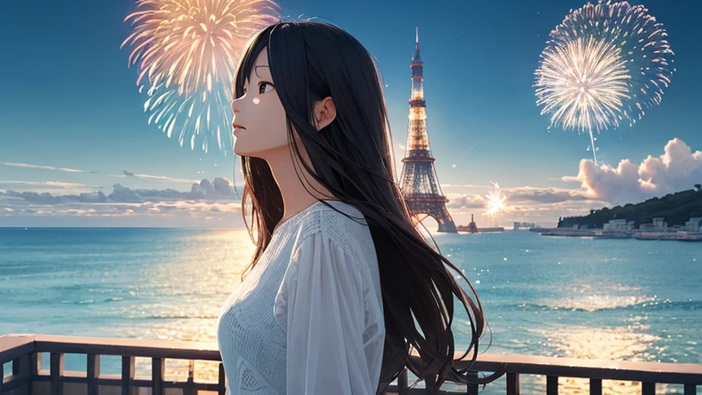 Shiraishi Mei, Looks exactly like Shiraishi Mei、Time is night、Tokyo Tower in the background、Big fireworks、Oceanの方を向いている後ろ姿、Woman looking up at the sky ,Long Hair,  Black Hair,, Photo from the side, Realistic, Highest quality, Detailed face, Strong sunlight, Ocean, Embankment, Detailed Background, Diffused sunlight, Written boundary depth, Bokeh (Highest quality: 1.2), (masterpiece: 1.2), Watch Viewer, one piece, White Theme, ,Vision、(((Panorama:1.2)))