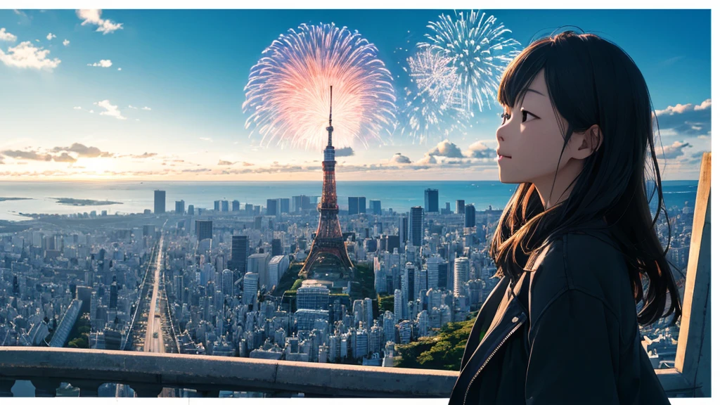 Shiraishi Mei, Looks exactly like Shiraishi Mei、Time is night、Tokyo Tower in the background、Big fireworks、Oceanの方を向いている後ろ姿、Woman looking up at the sky ,Long Hair,  Black Hair,, Photo from the side, Realistic, Highest quality, Detailed face, Strong sunlight, Ocean, Embankment, Detailed Background, Diffused sunlight, Written boundary depth, Bokeh (Highest quality: 1.2), (masterpiece: 1.2), Watch Viewer, one piece, White Theme, ,Vision、(((Panorama:1.2)))