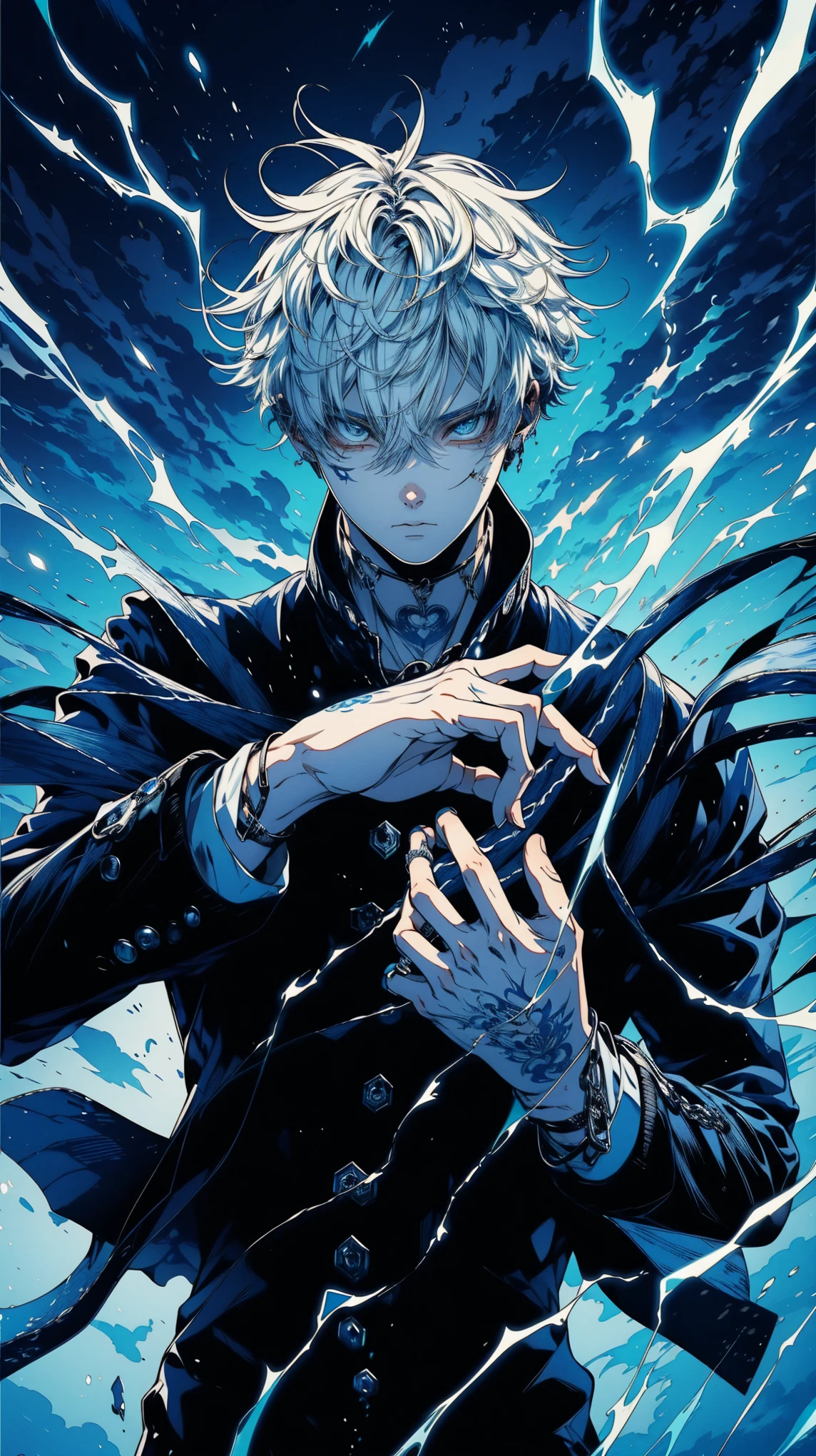 (high quality), (masterpiece), (detailed), 8K, (White-haired teenage boy1.4) clad in (sleek black outfit1.3) stands in (powerful action pose1.4) with (streaks of white energy1.4) surging from his hand. The (dark blue stormy sky1.3) crackles with lightning, enhancing the (gritty, intense atmosphere1.4) of the scene. (Dramatic lighting1.2) highlights the tension. (high quality), (masterpiece), (detailed), 8K, Anime style character with (cool and edgy tattoos1.3), dressed in (fashionable clothing1.2), posing confidently. Expression fierce, stylish accessory coiled around arm. Thicker outlines emphasize striking, modern fashion, vibrant palette enhances scene.