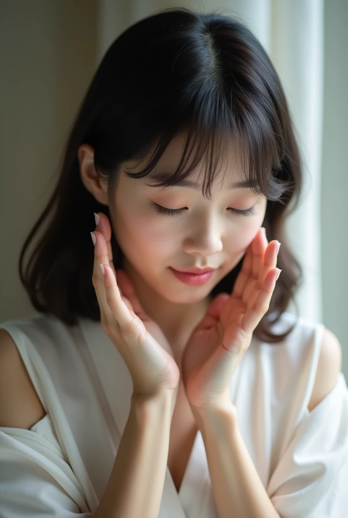 A photo of a Japanese person with their eyes closed, smoothing their neat, silky, fluffy bangs with their hands