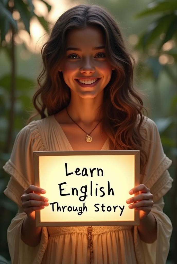 Beautiful girl with heart-warming smile and wavy long hair, bohemian dress, holding a white board with text "learn English Through Story" and showing it to the viewer, the board is glowing with a the text,Different quality girl.