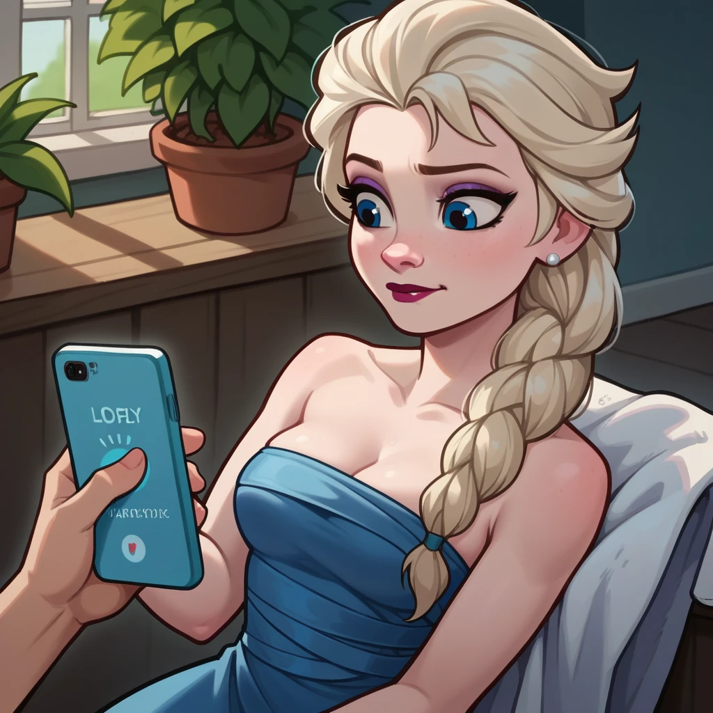 score_9_presence, score_8_up, Elsa, wrapped in towel, medium breasts, holding phone