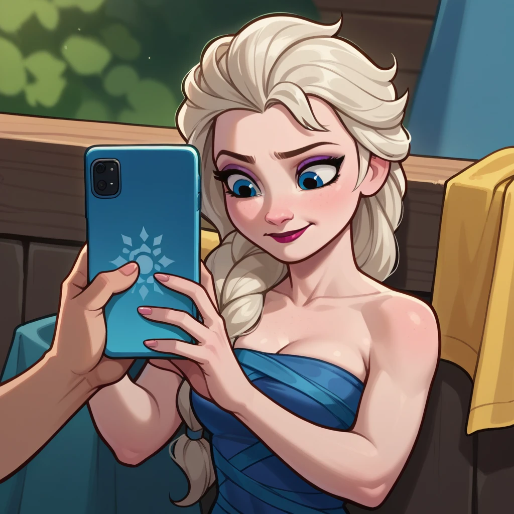 score_9_presence, score_8_up, Elsa, wrapped in towel, medium breasts, holding phone