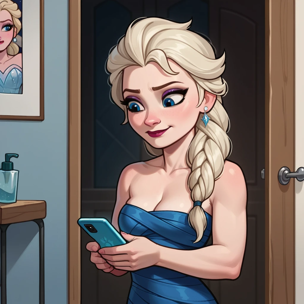 score_9_presence, score_8_up, Elsa, wrapped in towel, medium breasts, holding phone