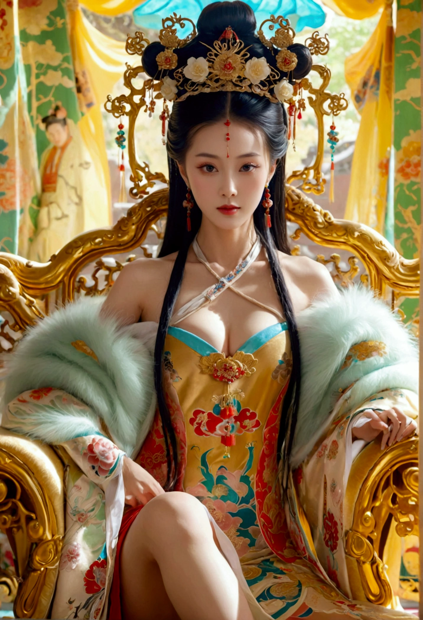 A gorgeous empress from the Chinese imperial court during the Qing Dynasty, fully naked on a large golden sofa, spreading one&#39;s legs open wide with knees bent,creating the shape of the letter M（Porn Pose） A gorgeous Chinese imperial empress with her hair tied on both sides and wearing a crown、Background of kinky and erotic woman tying her hair、The story is set in the luxurious rooms of an empress in the Chinese imperial court during the Qing dynasty.。