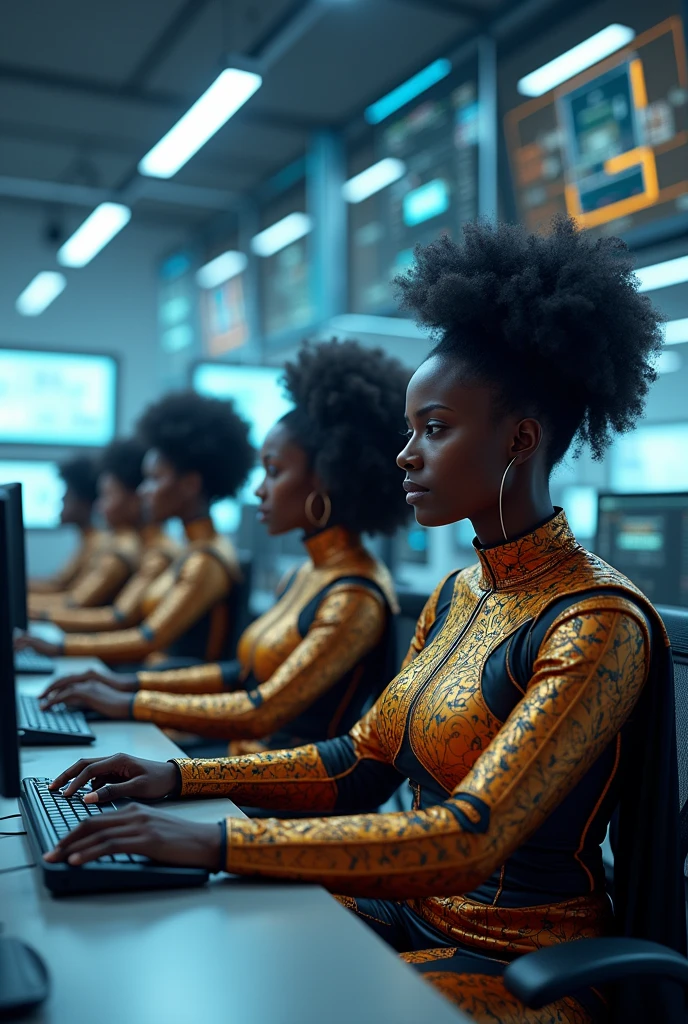 Imagine 5 African women cybersecurity analysts but are wearing superhero uniform In front of computers