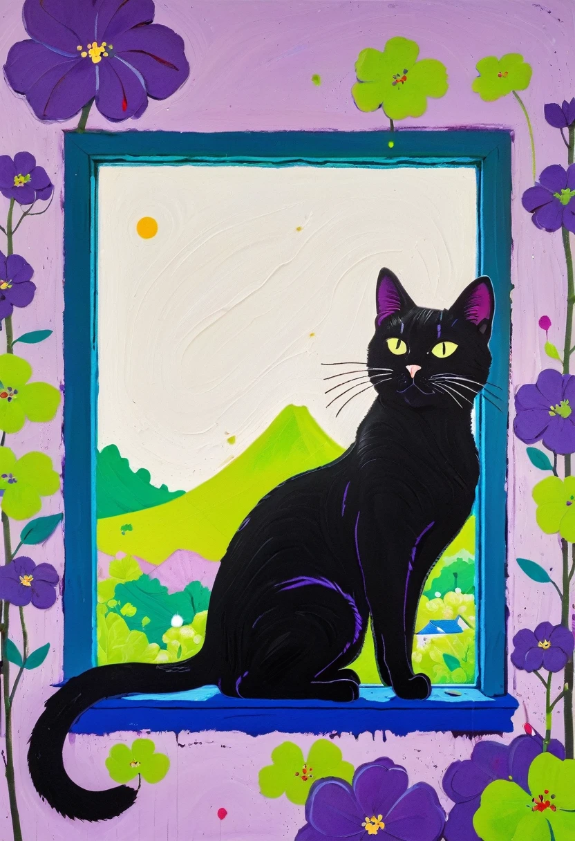 A painting：(((Colorful black，Chalk painting，Oil stick painting，Volume，Thick coating，Uneven texture，Plaster texture，Graffiti)))。Colorful black，A cat on the windowsill, Bright colors的猫, Purple和, cute的, Bright colors，cute, Lavender Color and Color Schemes, 和Purple的配色方案,  Beautiful Art,  Purple, Whimsical Art, 和Purple色调, Lime and Violet, Close together,, spring, Inspired by Tomokazu Matsuyama, Delightful