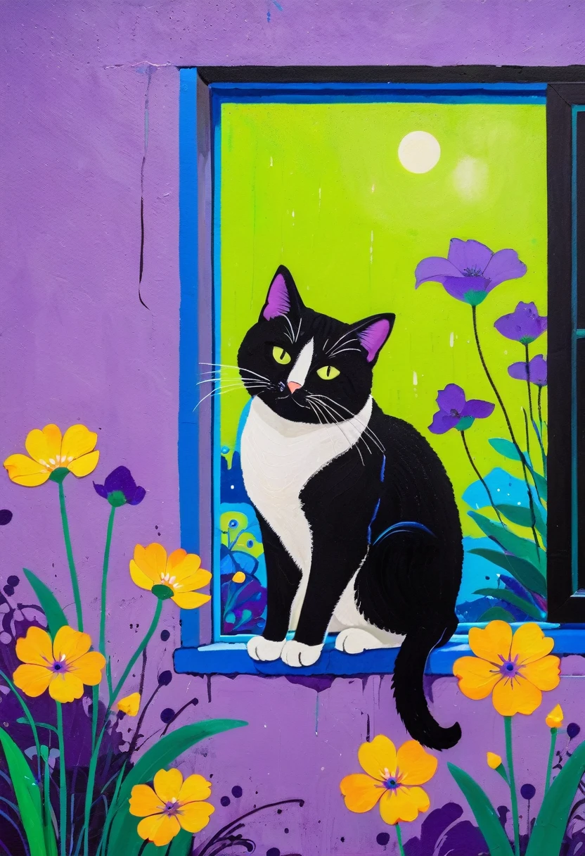 A painting：(((Colorful black，Chalk painting，Oil stick painting，Volume，Thick coating，Uneven texture，Plaster texture，Graffiti)))。Colorful black，A cat on the windowsill, Bright colors的猫, Purple和, cute的, Bright colors，cute, Lavender Color and Color Schemes, 和Purple的配色方案,  Beautiful Art,  Purple, Whimsical Art, 和Purple色调, Lime and Violet, Close together,, spring, Inspired by Tomokazu Matsuyama, Delightful