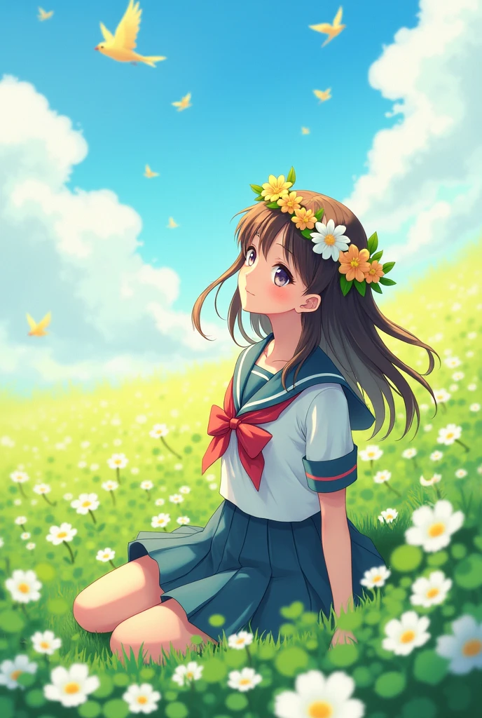 A high school girl wearing a flower crown sitting in a flower-filled meadow、The season is spring、Wearing a uniform、There are birds flying around、Warm spring light、The sky is blue、Cute atmosphere illustration、Uniforms are Brother、Flowers are clover、The wind is blowing、Illustrations that give a sense of movement、A typical sitting position、Smiling at the sky、Strong contrast、Illustrations that convey the atmosphere of spring