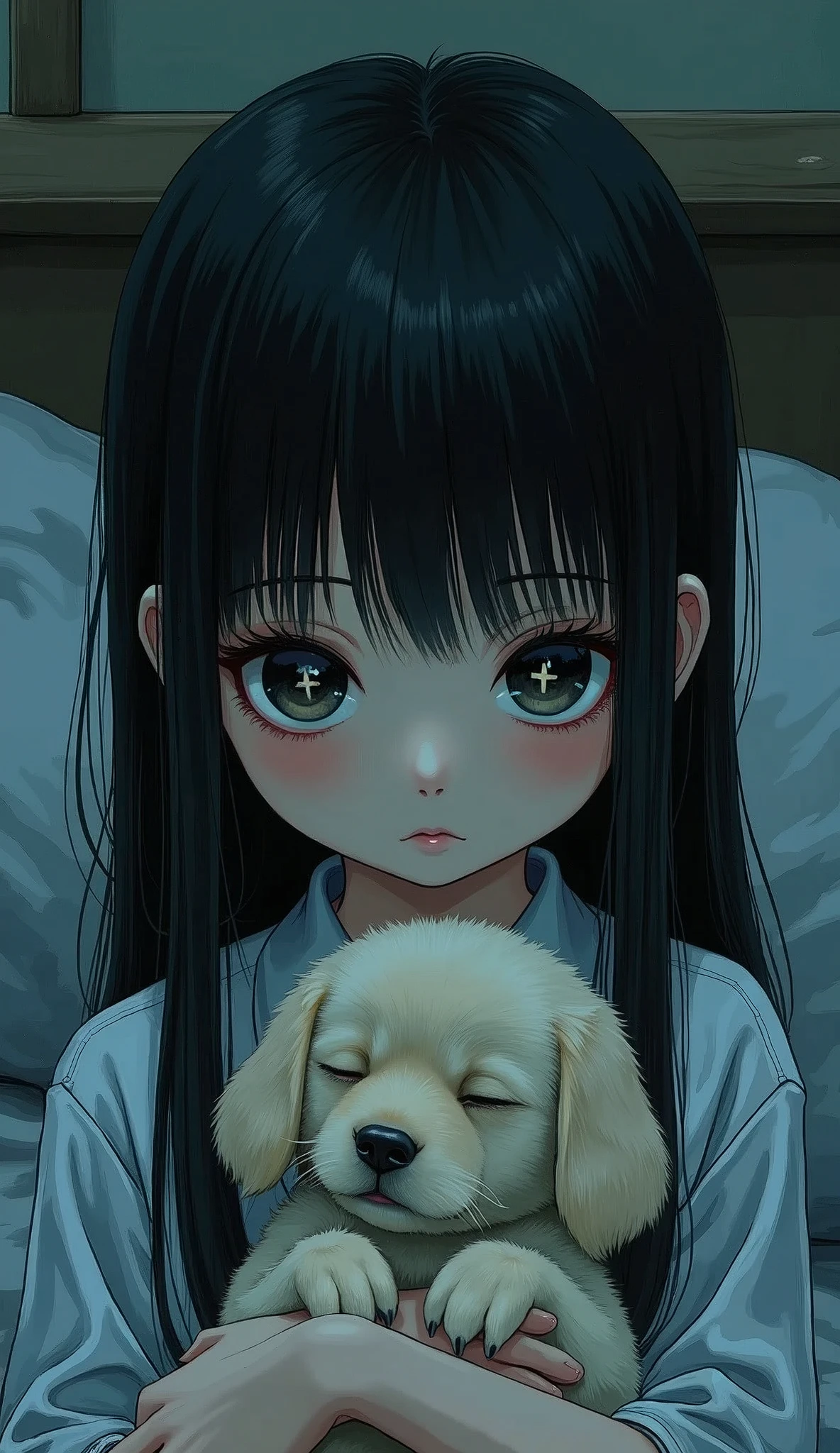 (8k, RAW photo, best quality, masterpiece, highres, absurdres, ultra detailed:1.3), (Photography, realistic, photo-realistic:1.4), (beautiful natural lighting, beautiful deatailed shadow, beautiful detailed glow :1.4), atmospheric, 

BREAK Sadako,wet Black Hair,((yamamura sadako)),1 beautiful girl,(kawaii:1.5),(Chibi:0.5),(cute:2),(Loli:2),(5year old girl),(flat breasts:1.65),(A detailed eye,Tsuriformes:1.2),(black hair,Long ha,Deco:1.8),star eye silhouette,(long eyelashes, Double eyelids:1.2),cleavage,(beautiful skin,shy skin:1.2),Shy,Erect,(ghostly atmosphere,sad face, resentful face:1.25)     BREAK

(pajamas, night, bedroom,: 1.35),
BREAK  (holding a cute sleeping dog:1.45),

 BREAK wakame,wakame,wakame,(cowboy shot,from front:1.4) BREAK manga illustration.media,manga style,(ultra rich intricately proper sketch+pastel+airbrush+colored pencil:1.1),(ultra highres composition details:1.2), (delicate illustration), (pastelcolor style illustration:0.9), (watercolor style illustration:0.4), 