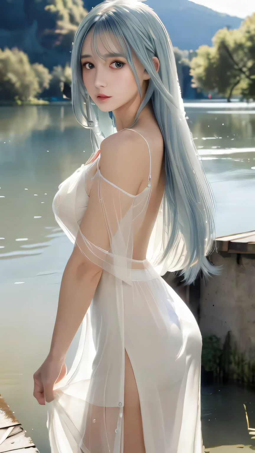 Non-NSFW、Real、(Highest quality), (masterpiece)、Ultra-high resolution、RAW Photos, (upper body)、(In the water), (In the lake:1.5), Fantasy、Looking into the camera、alone、(Undine:1.1), Beautiful Spirit、Super Beauty、Moisturized Skin、Perfect model body、Beautiful Eyes、Big eyes、Inconspicuous tear bags、slim、No bra、Beautiful fingers、Very long hair、highly saturated photos, clavicle, (mature:1.3), Splash, attractive,skinny, (sad:1.4), no_panties, Large Breasts, Nipples, (light blue hair), (Waist-length hair:1.5), Small Ass, lips, unrealistic, (white sheer long dress:1.5), (from side:1.2)