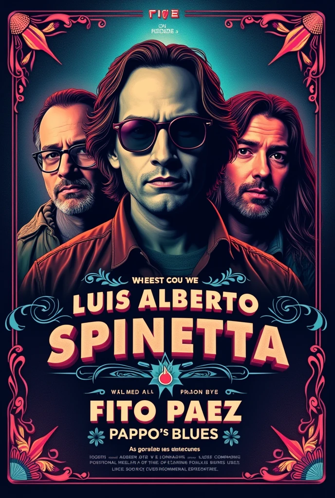 Generate a tribute flyer to Luis Alberto Spinetta, Fito Paez and Pappo's blues with the image of the 3 previously mentioned with a subtle psychedelic background.