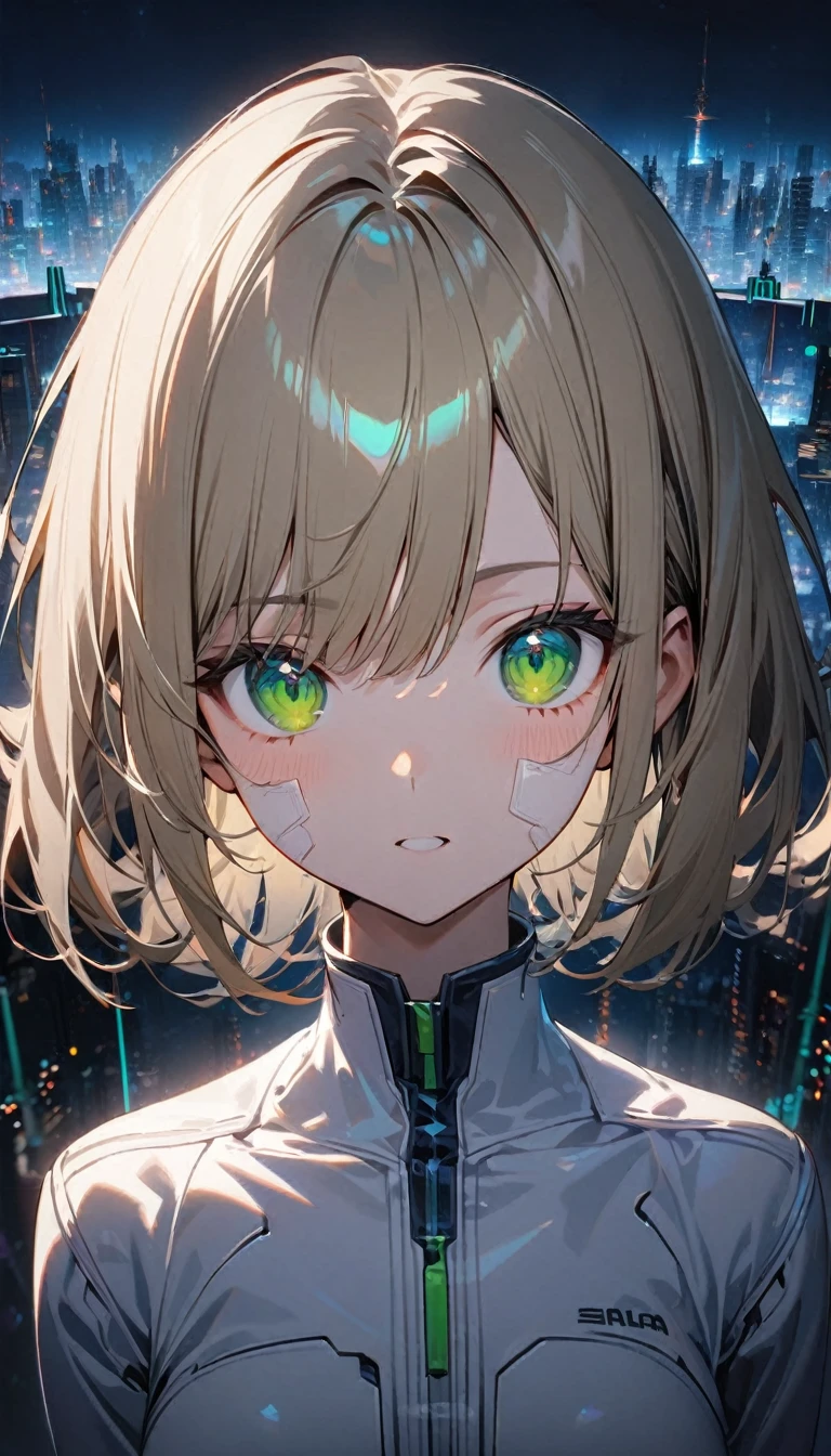 1girl,solo,Sala,original,straight blond hair,(long hair:0.3,medium hair:1),green eyes, white body suit,neck,full body,Futuristic city Background,relief face,night time,Science fiction,ultra-detailed,sharp focus,(best quality)