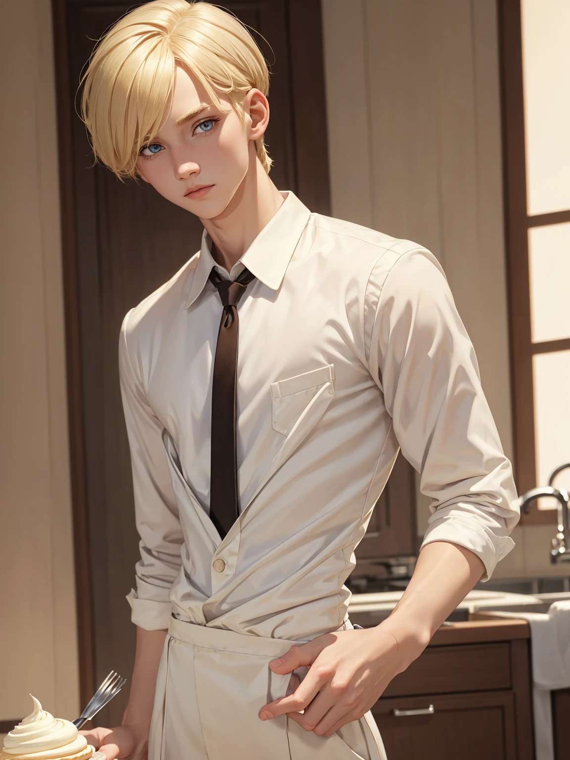 (best quality), 1boy, male, porcelain skin, blonde hair, short hair, straight hair, swept bangs, brown eyes, perfect eyes, patissier uniform, skinny body, masterpiece, anatomically correct, highres