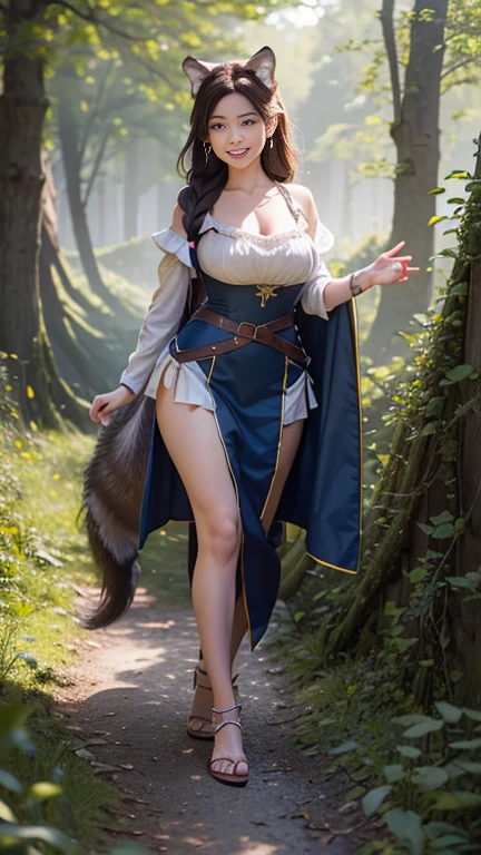 (There is only one person in the scene:1.5), Ultra-tall,The temperament of a queen,tmasterpiece,best qualityer,Hyper-detailing,Full body illustration,Fine and detailed eyes and detailed face) garments:There are animal ears,Full-fledged orcs,cruel grin,The upper body is clothed,Wrap the whole body,The lower half of the body wears animal skin shorts,Wear knee-high boots,A stocking was revealed at the cuff of the boot,Boots made of cloth,The cuff of the boot is a layer of fluff,Expose the boots look:Tall,Plump body,Wide buttock,Large,strong,There are muscles,Very high,The stands up,Go ahead,(big assa:1.3),(thick thight:1.3),Taller than a tree