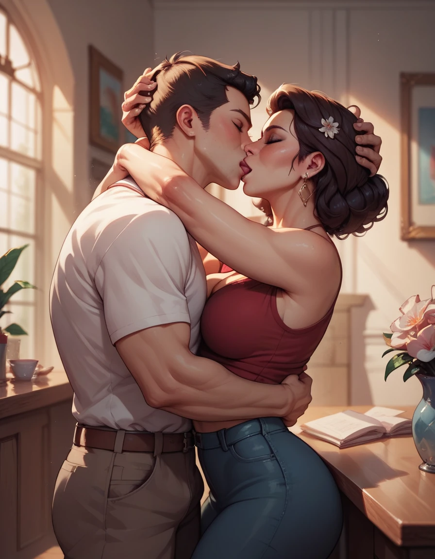 1 boy, 1 Girl, Mature female,  Embrace, kiss, Hands on head, Kneel down, In a room