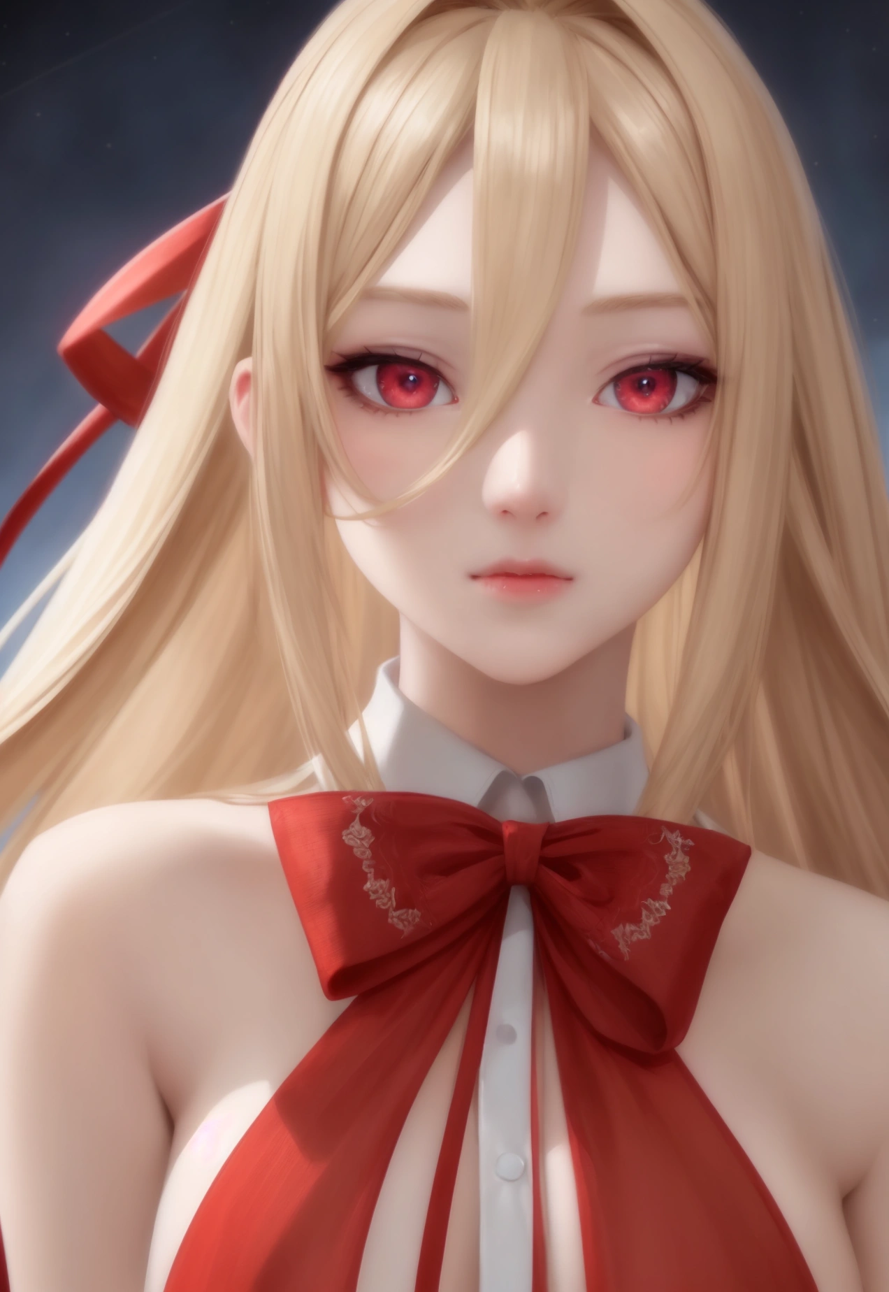 Long blonde,Red ribbon,master piece,best quality,ultra detailed),Beautiful girl , Beautiful face, Beautiful hair, detailed perfect pupil of eyes ,detailed mouth, Impressive Scene, Impressive Composition, Impressive Lighting ,night town
